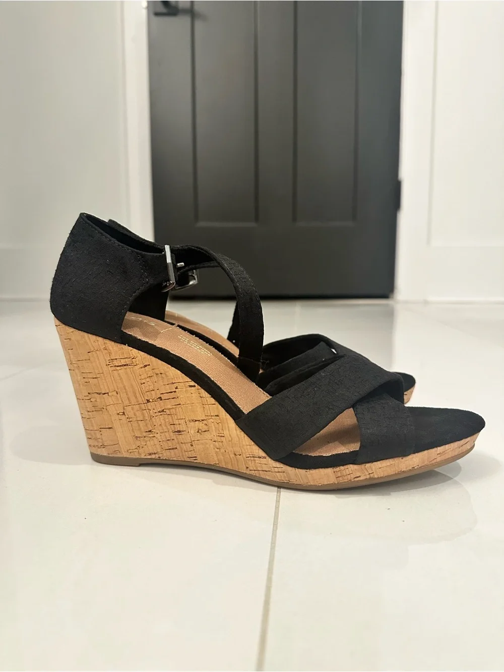 Toms Black Cork Wedge Sandals